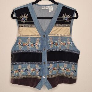 Vintage 90s Denim Embroidered Vest Cottagecore GrandmaCore Teachercore Grunge L
